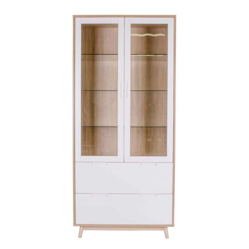 Wohnzimmervitrine in Weiß und Kieferfarben 210 cm hoch