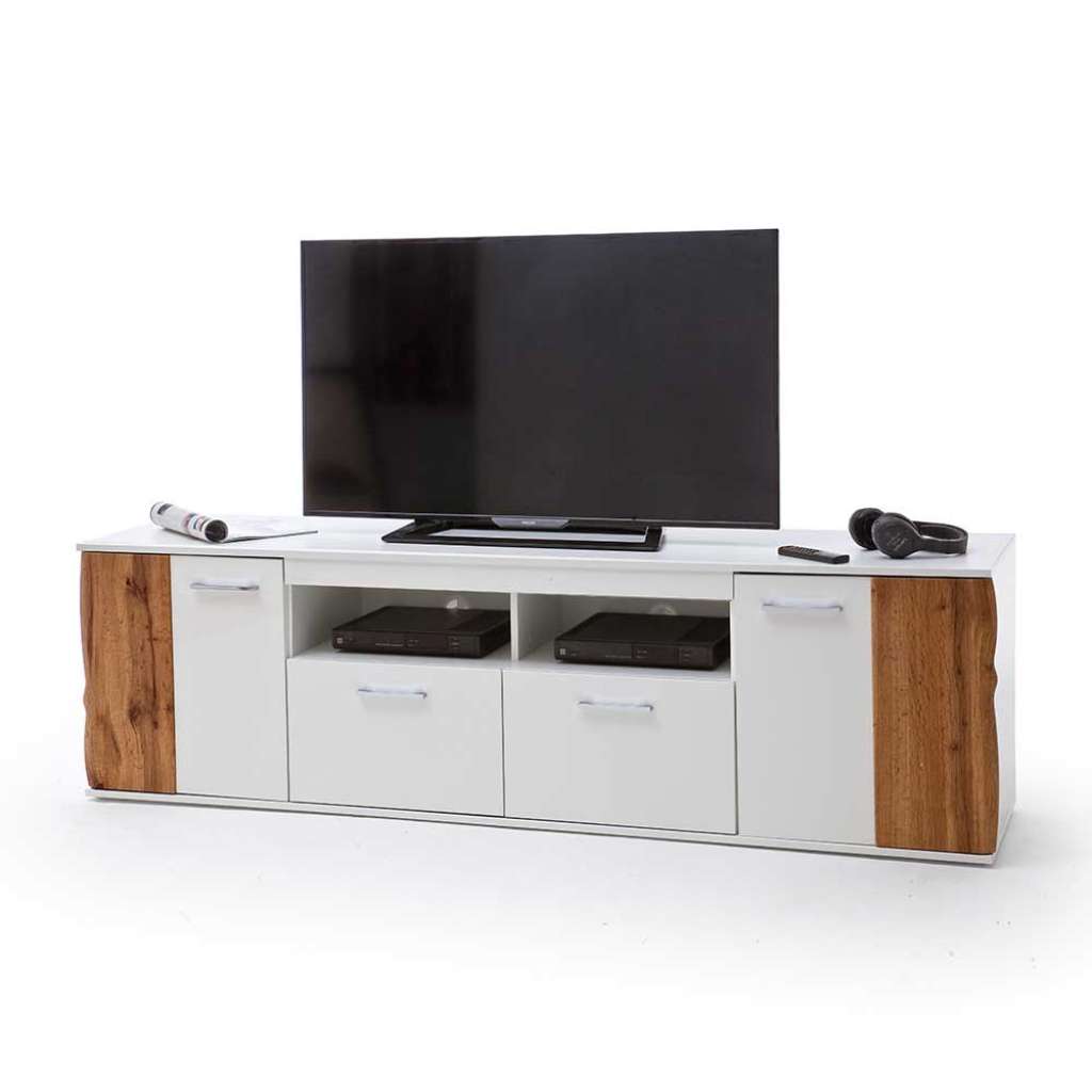 TV Lowboard in Weiß Hochglanz Wildeiche Optik