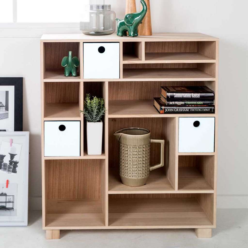 Regal aus Paulownia Massivholz drei weißen Schubladen