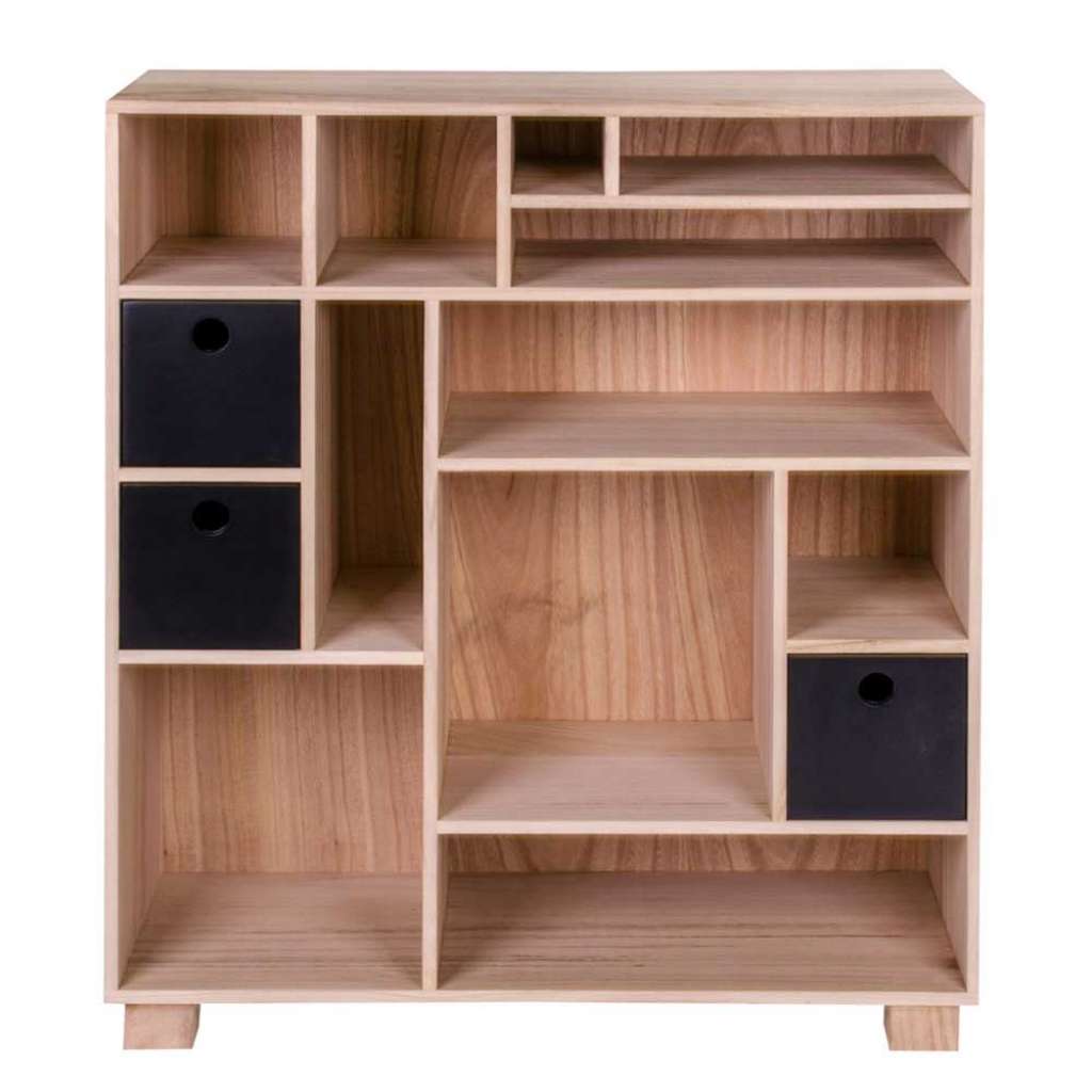 Regal aus Paulownia Massivholz drei schwarzen Schubladen
