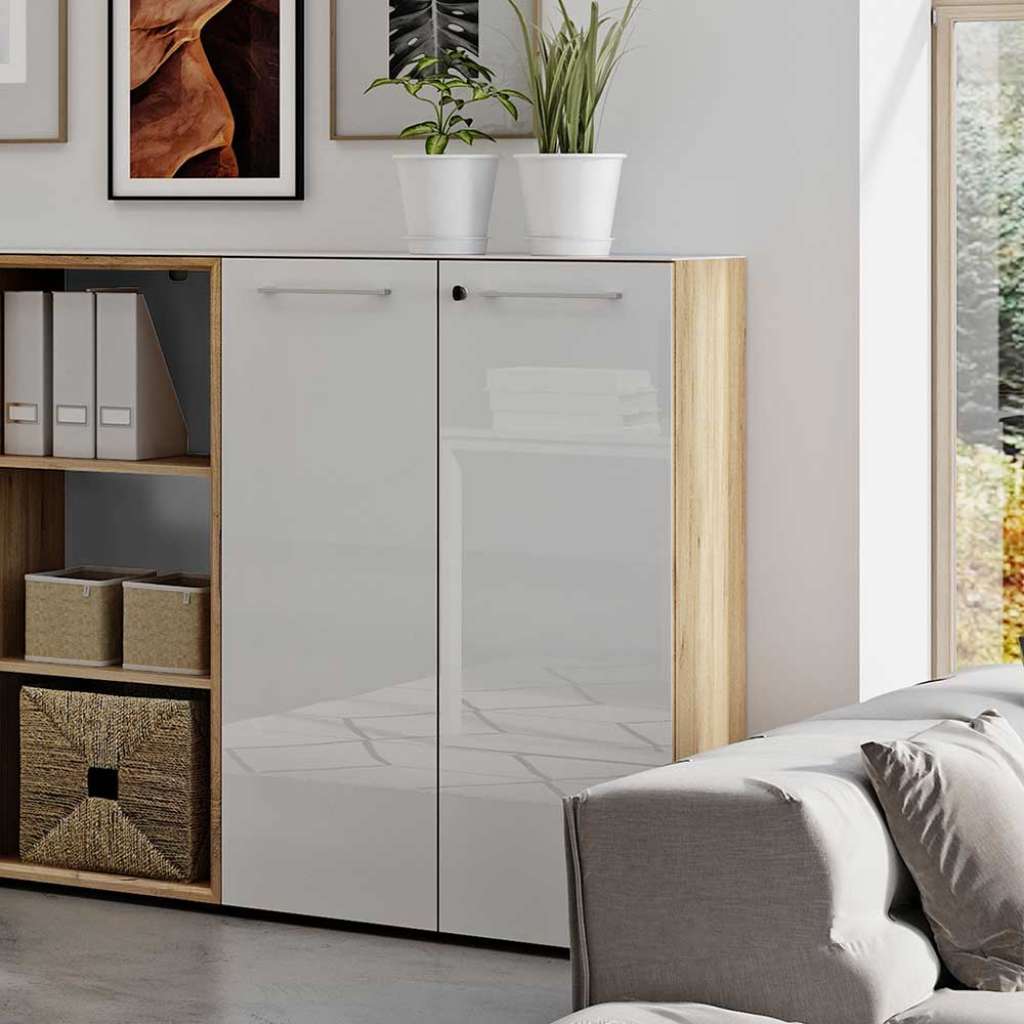 Officeschrank in Weiß und Wildeiche Optik Glas beschichtet