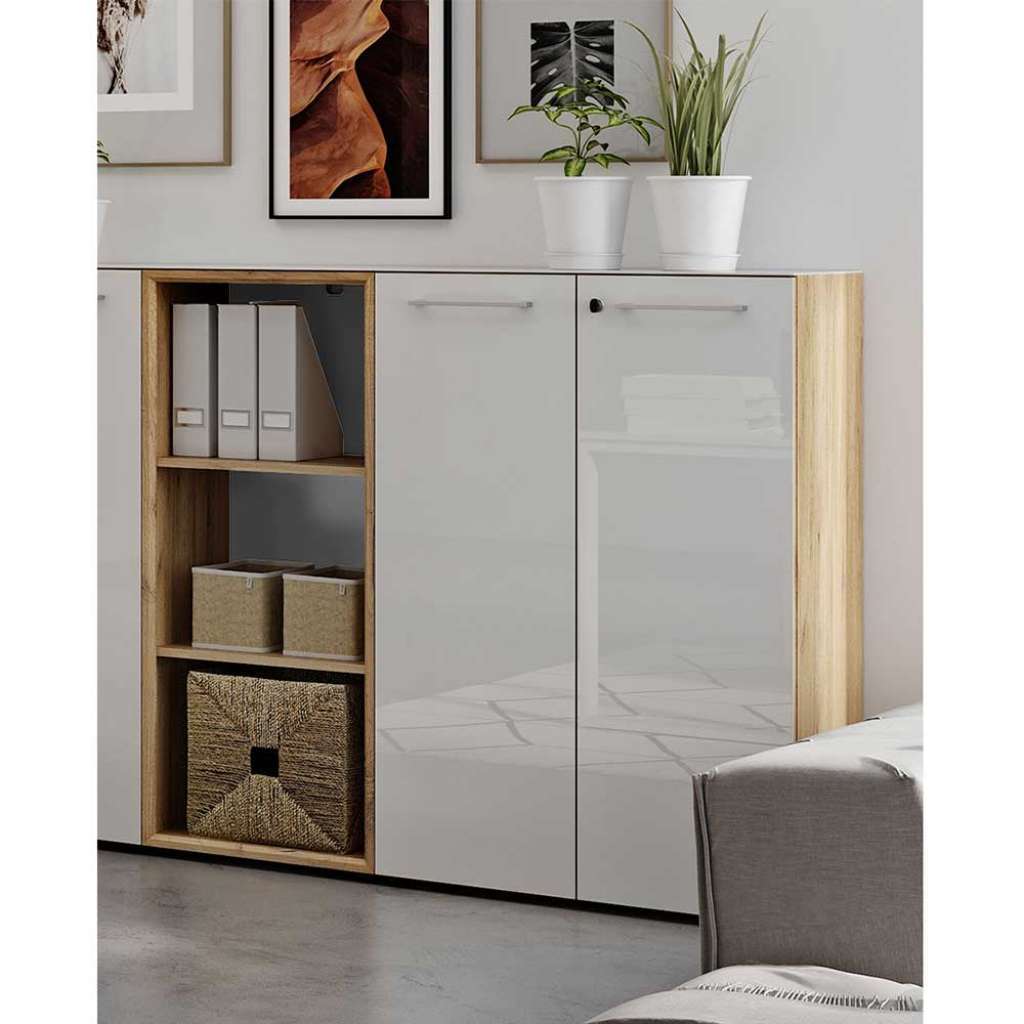 Bürokombination in Weiß und Wildeiche Optik Glas beschichtet (2-teilig)