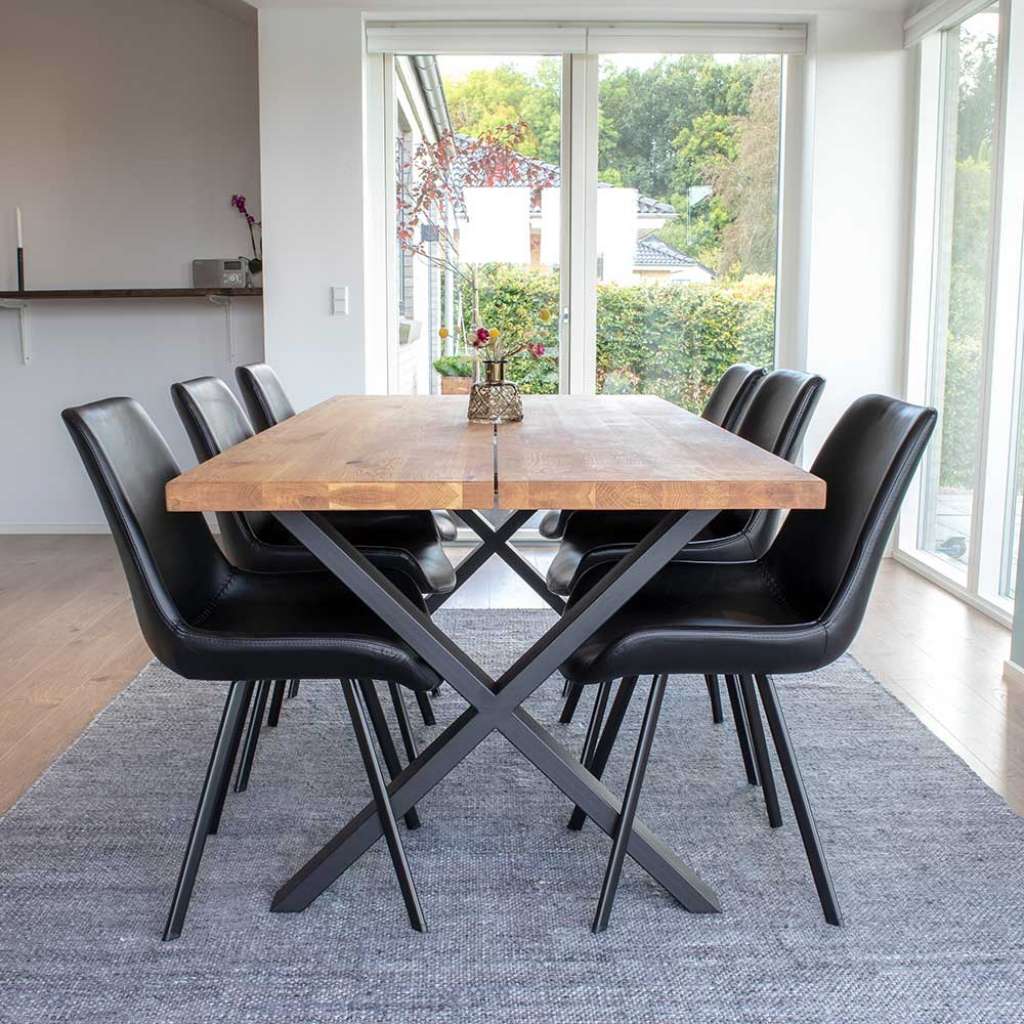 Esszimmer Tischgruppe aus Eiche Massivholz Schwarz Kunstleder (7-teilig)