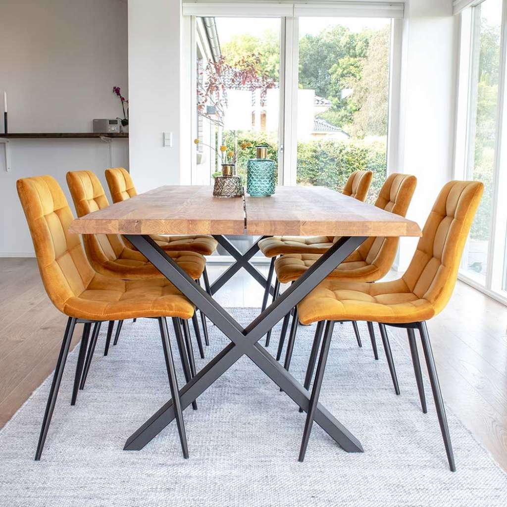 Design Esszimmergruppe aus Eiche Massivholz Ocker Microfaser (6-teilig)