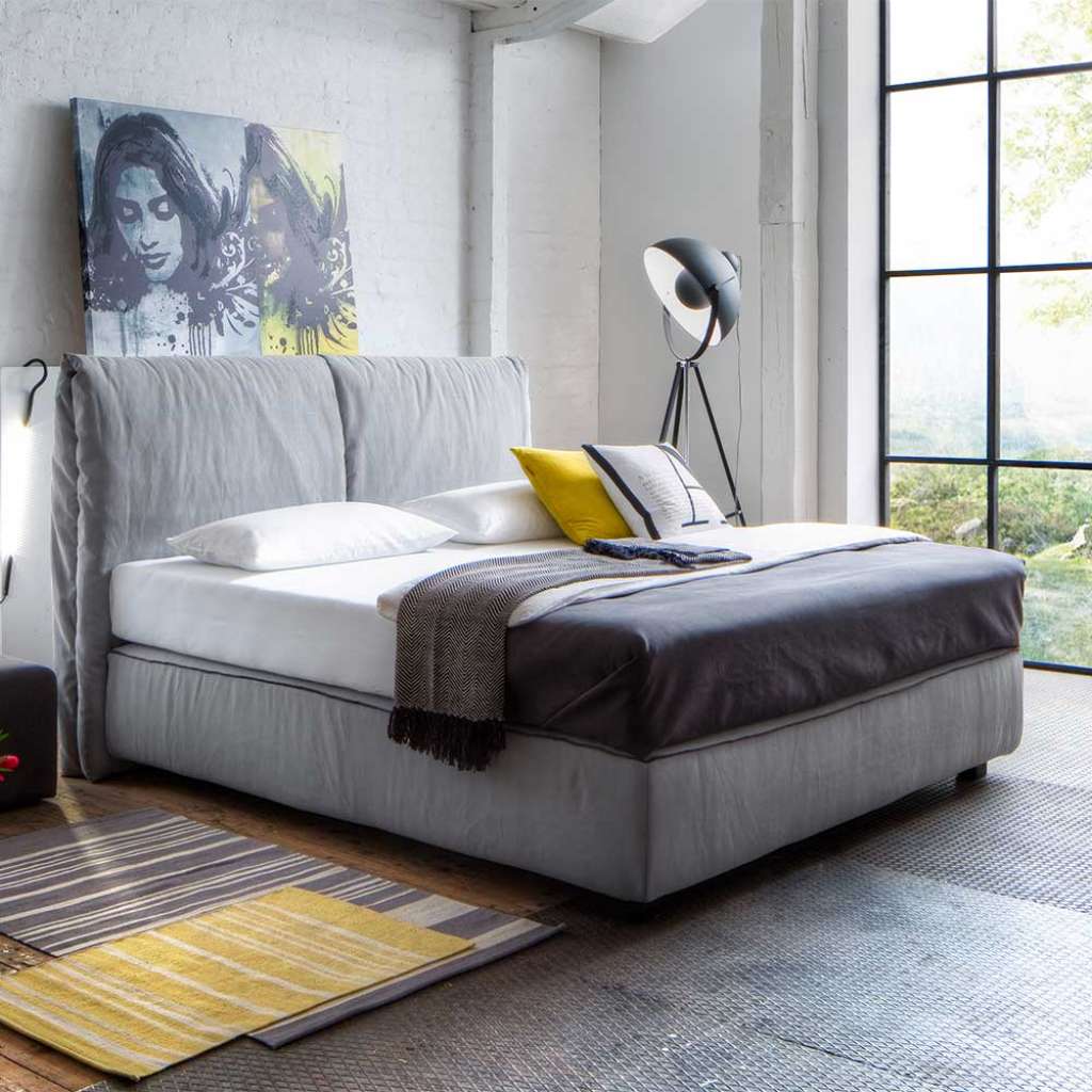 Boxspring Bett aus Webstoff Hellgrau