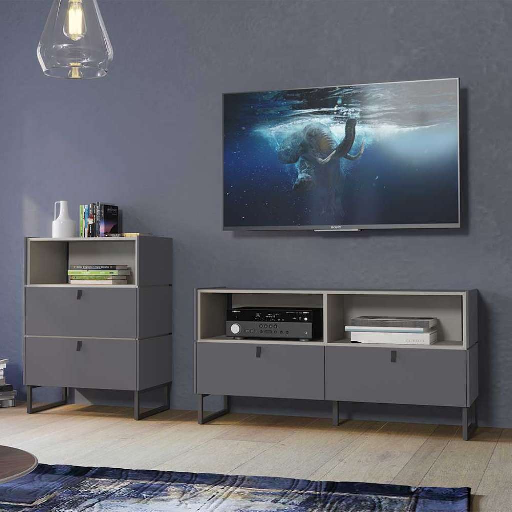 Anbauwand in Beton Grau und Dunkelgrau 195 cm breit (2-teilig)