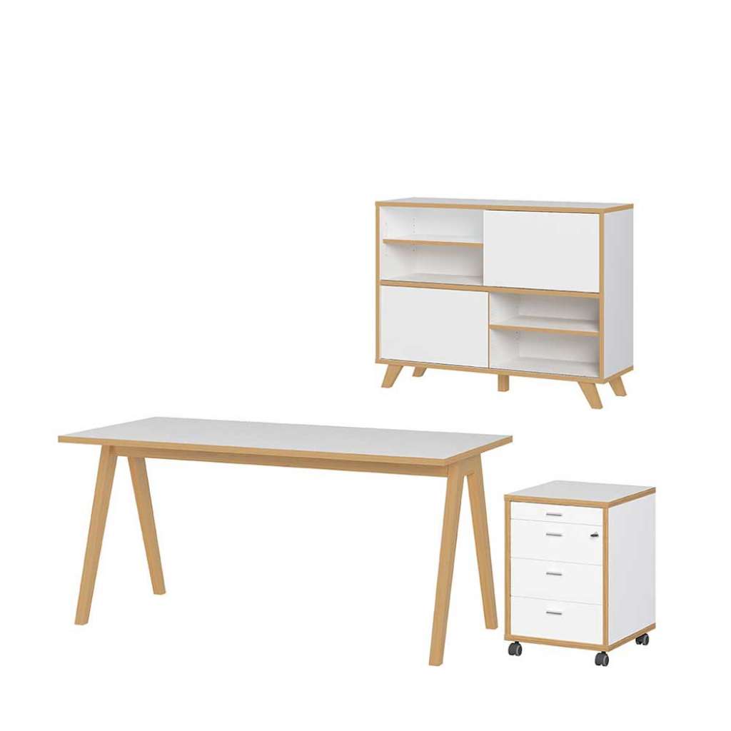 Bürokombination in Weiß und Wildeiche Optik Skandi Design (3-teilig)