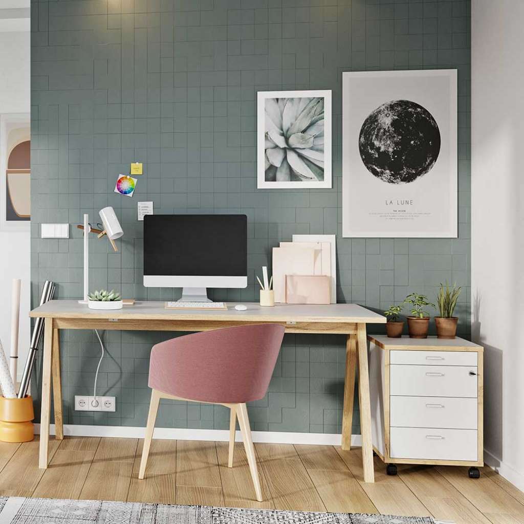 Büroschreibtisch in Weiß und Wildeiche Optik Rollcontainer (2-teilig)