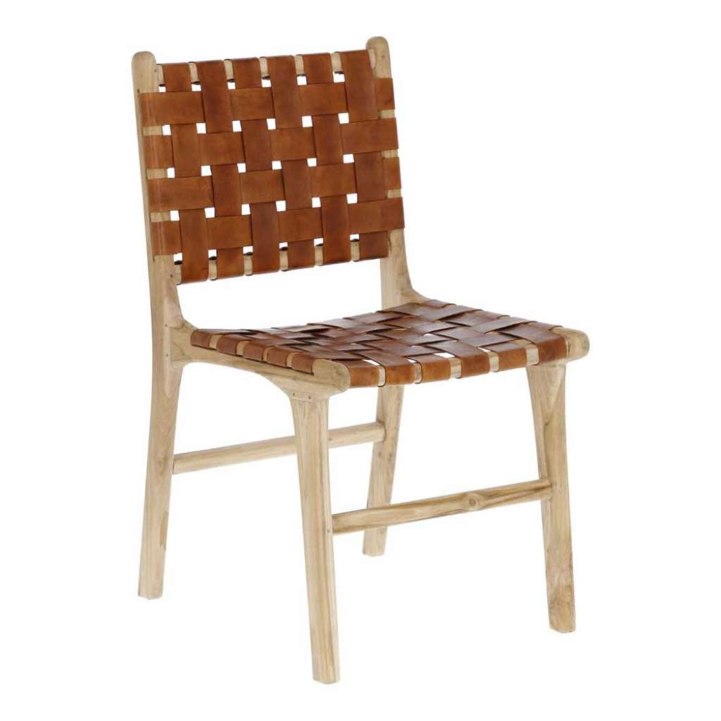 Esstischstuhl aus Teak Massivholz braunem Echtleder
