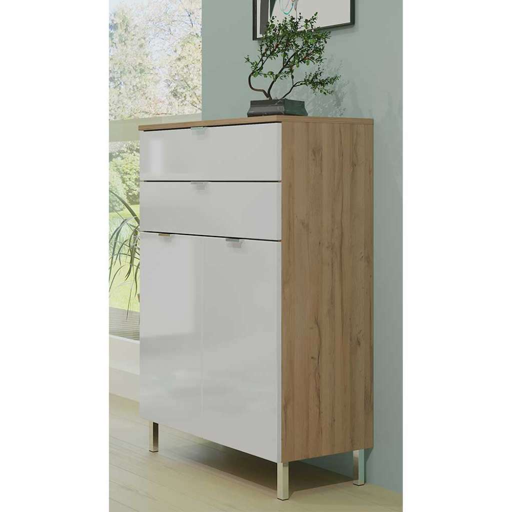 Badezimmer Kommode in Weiß Hochglanz und Wildeiche Optik 60 cm breit