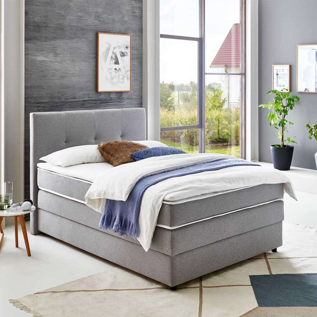 Stauraum Boxspringbett in Hellgrau Webstoff modern