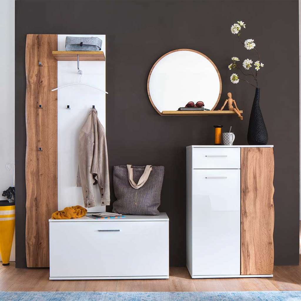 Garderobenset in Weiß Hochglanz und Wildeiche Optik modern (5-teilig)