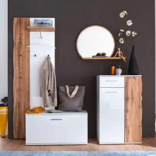 Garderobenset in Weiß Hochglanz und Wildeiche Optik modern (5-teilig)