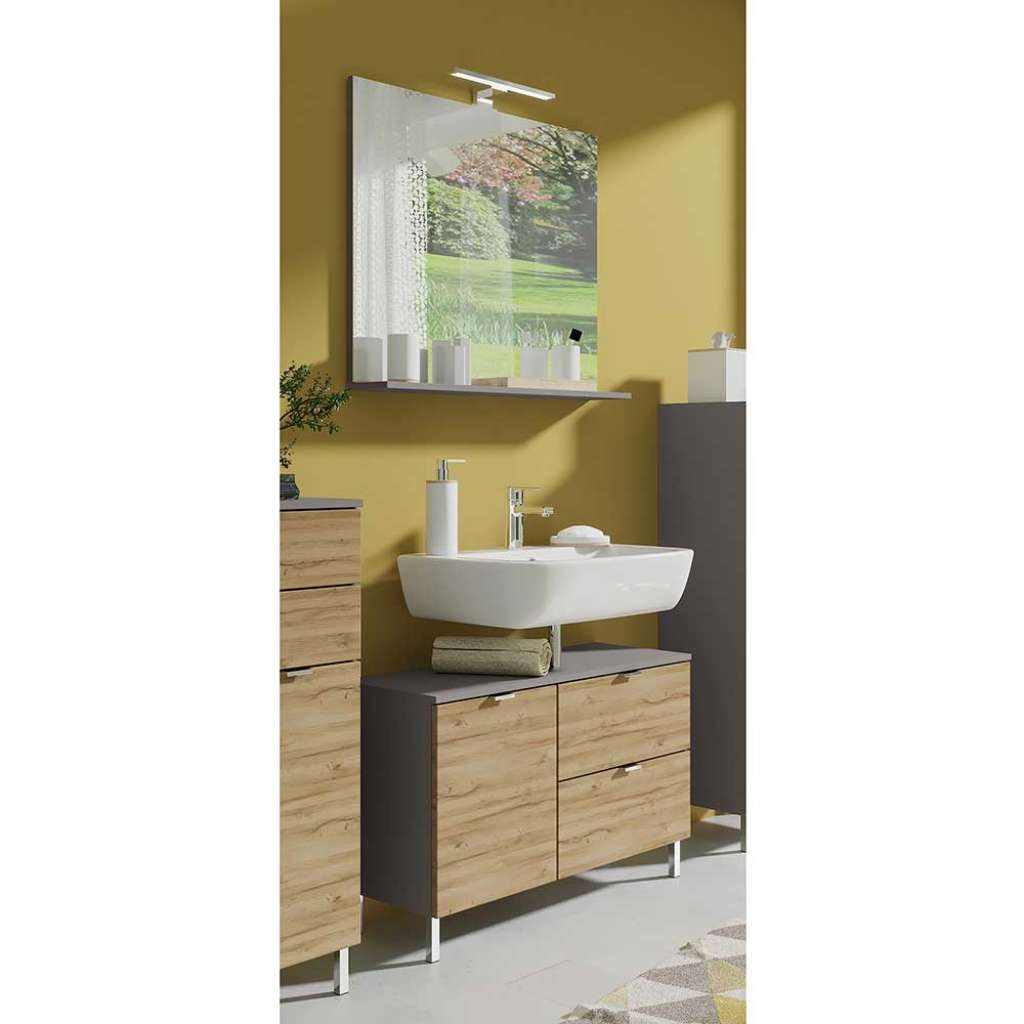 Badmöbel Set in Dunkelgrau und Wildeiche Optik LED Beleuchtung (2-teilig)