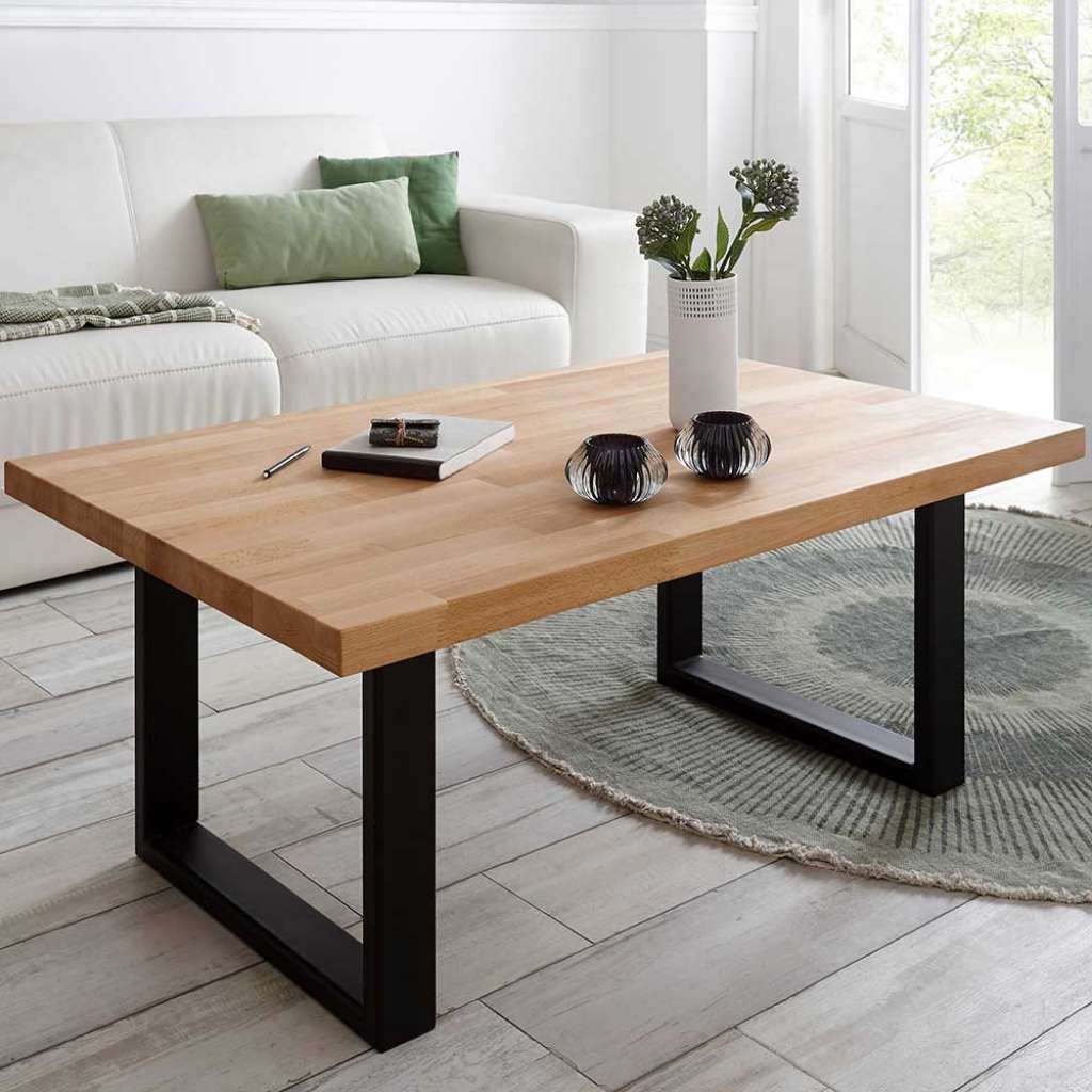 Wohnzimmer Tisch aus Kernbuche Massivholz Bügelgestell aus schwarzem Stahl