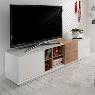 Fernsehboard in Weiß Hochglanz und Eiche Optik 180 cm breit