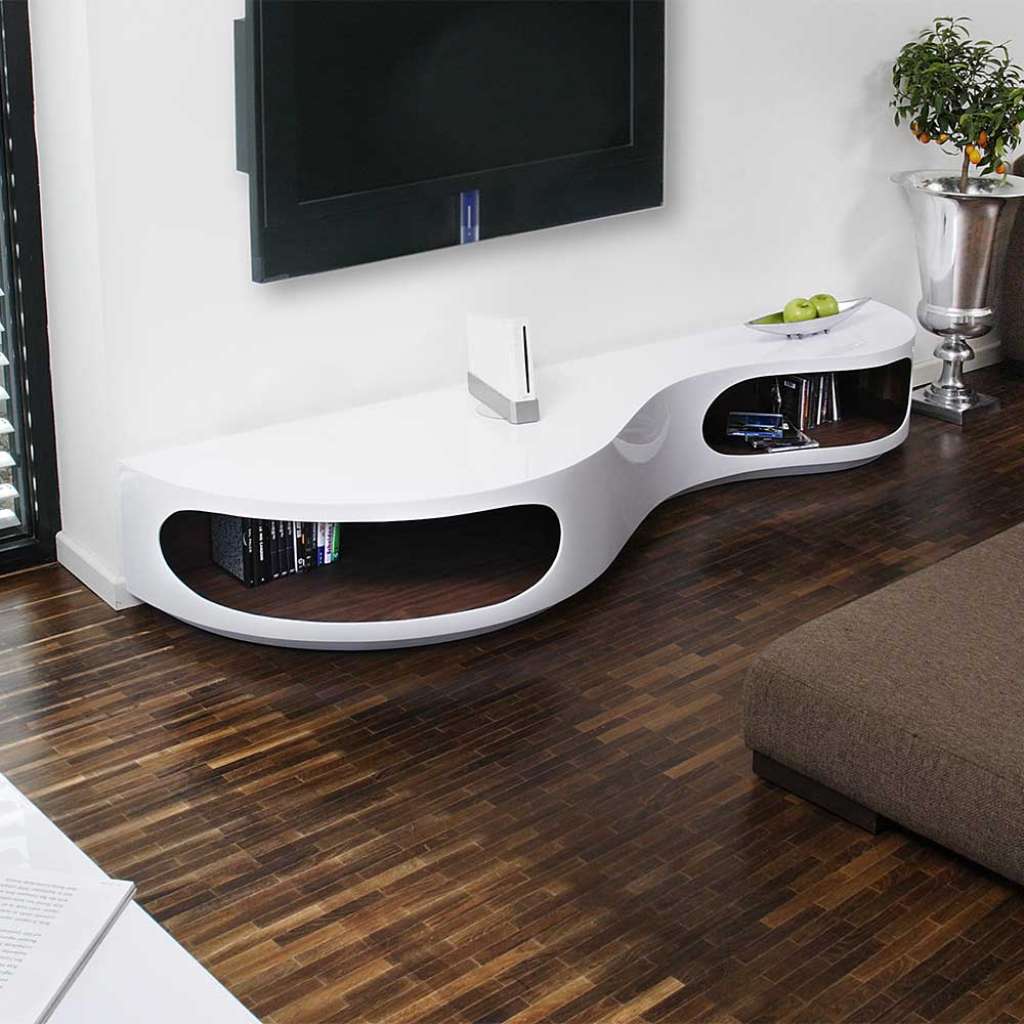 Fernseh Unterschrank in Hochglanz Weiß geschwungen geformt