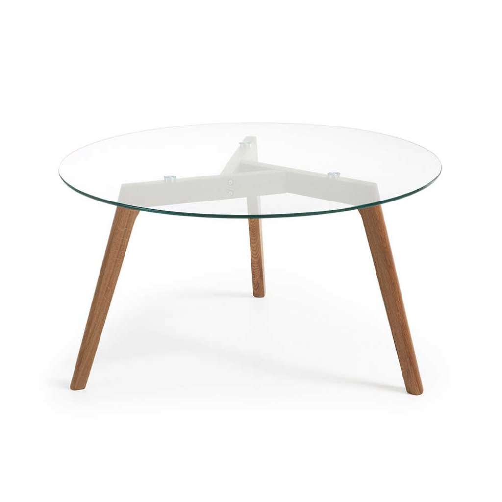 Runder Glastisch mit Klarglasplatte 3-Fußgestell in Eichefarben