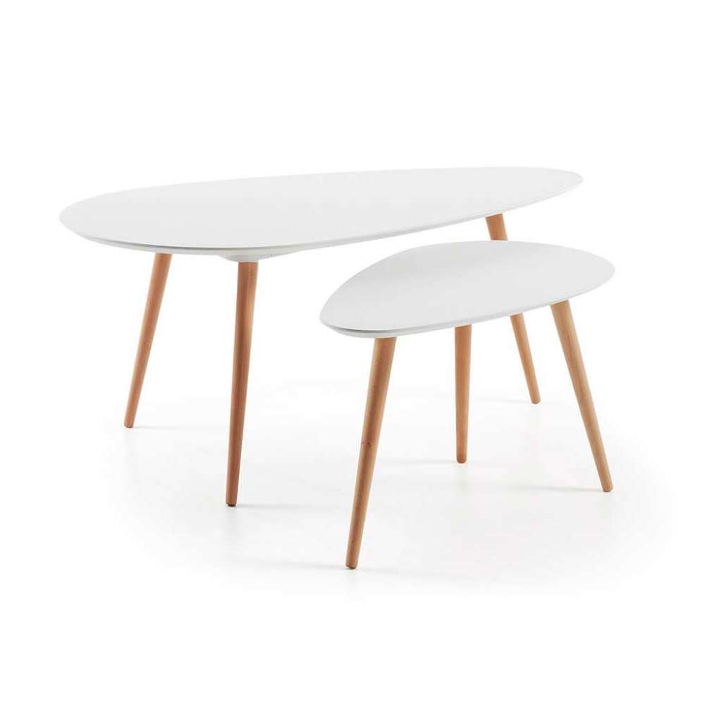 Couchtisch Set in Weiß und Eiche Massivholz Wankelform (2-teilig)