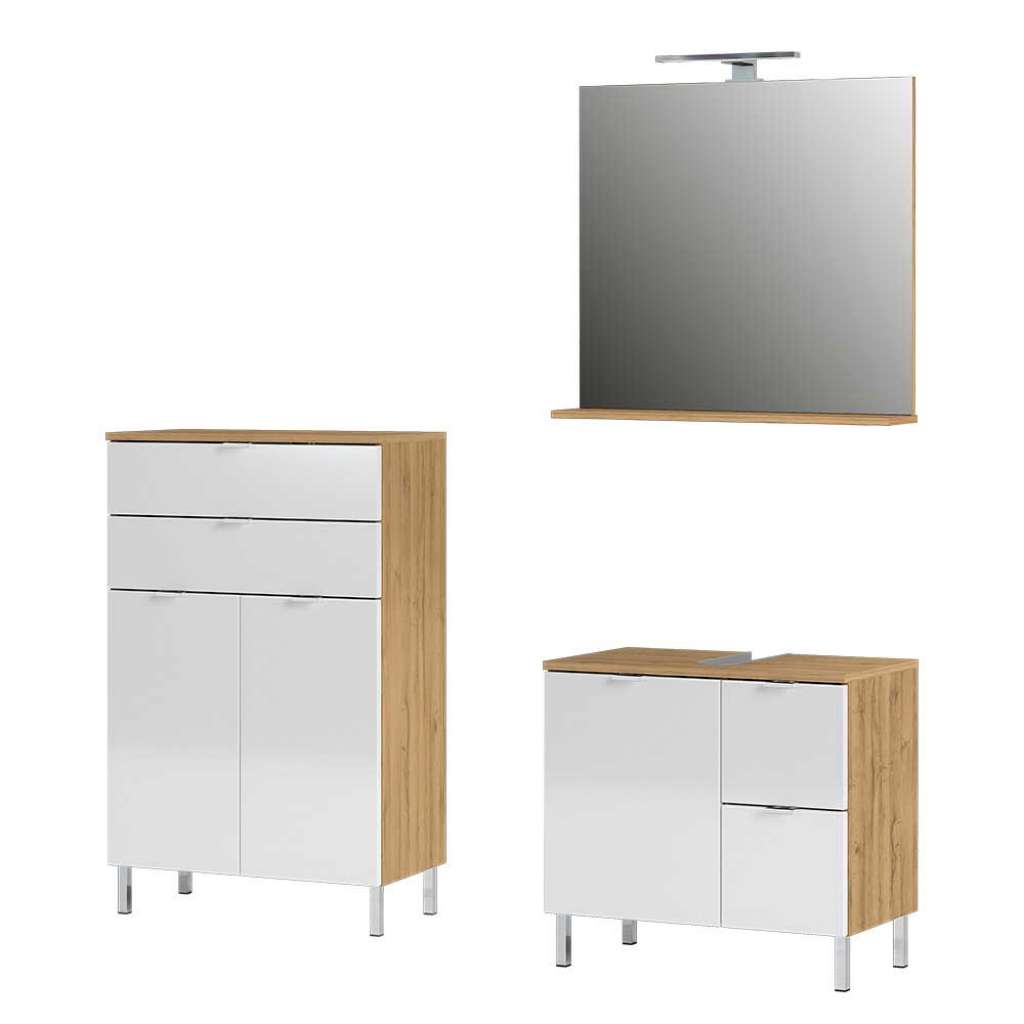 Badezimmermöbel Set in Weiß Hochglanz und Wildeiche Optik 120 cm breit (3-teilig)
