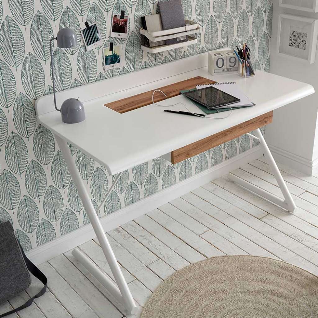 Schreibtisch in Weiß und Eiche Optik 60 cm tief
