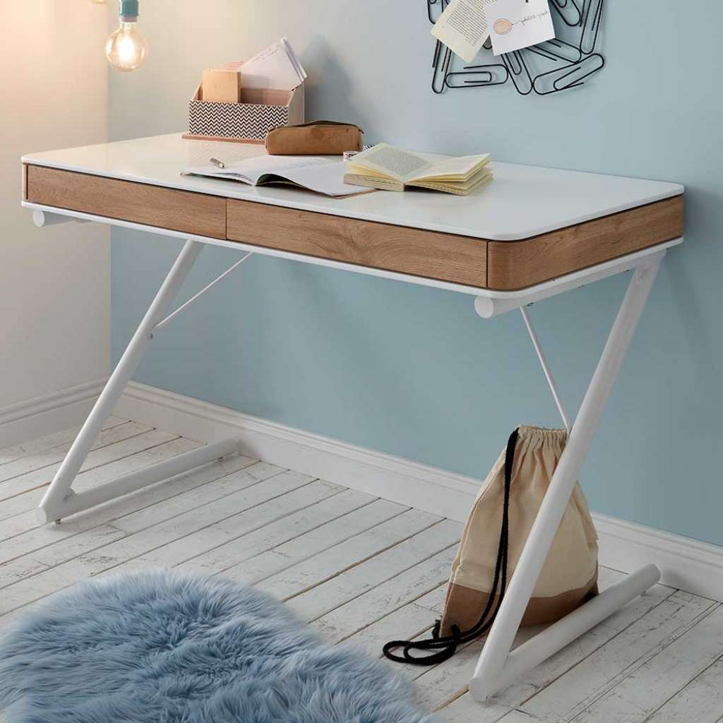 Laptopschreibtisch in Weiß und Eiche Optik 120 cm breit