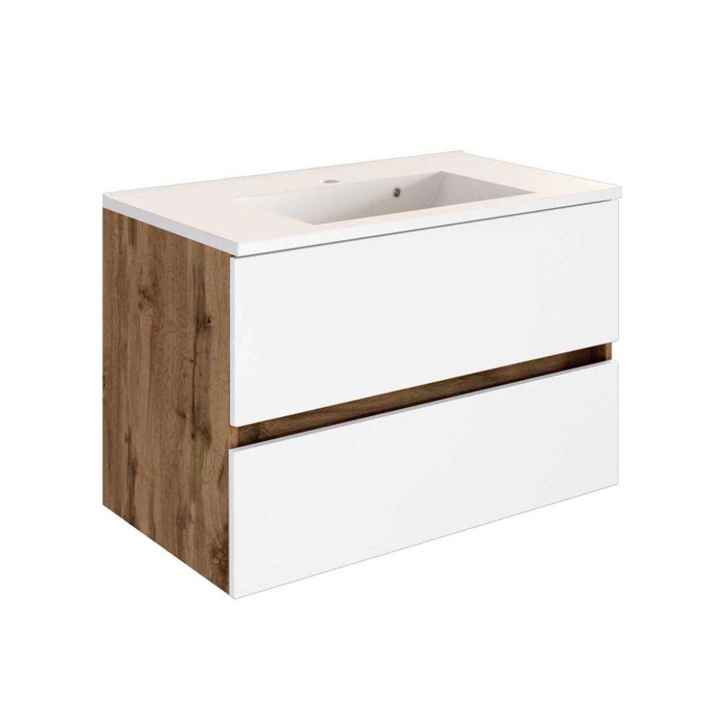 Schubladen Waschtisch in Weiß und Wildeiche Optik hängend