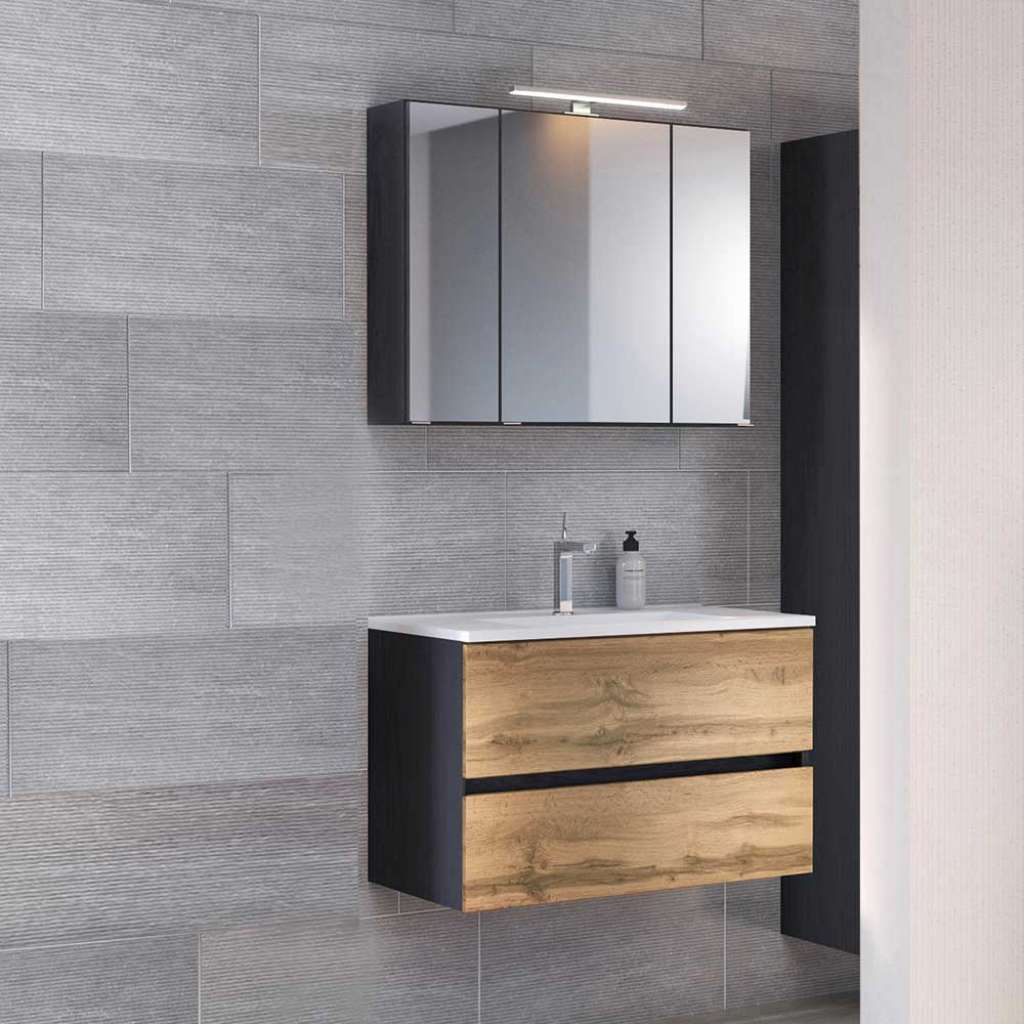 Waschtisch und Spiegelschrank in Anthrazit und Wildeiche Optik hängend (2-teilig)