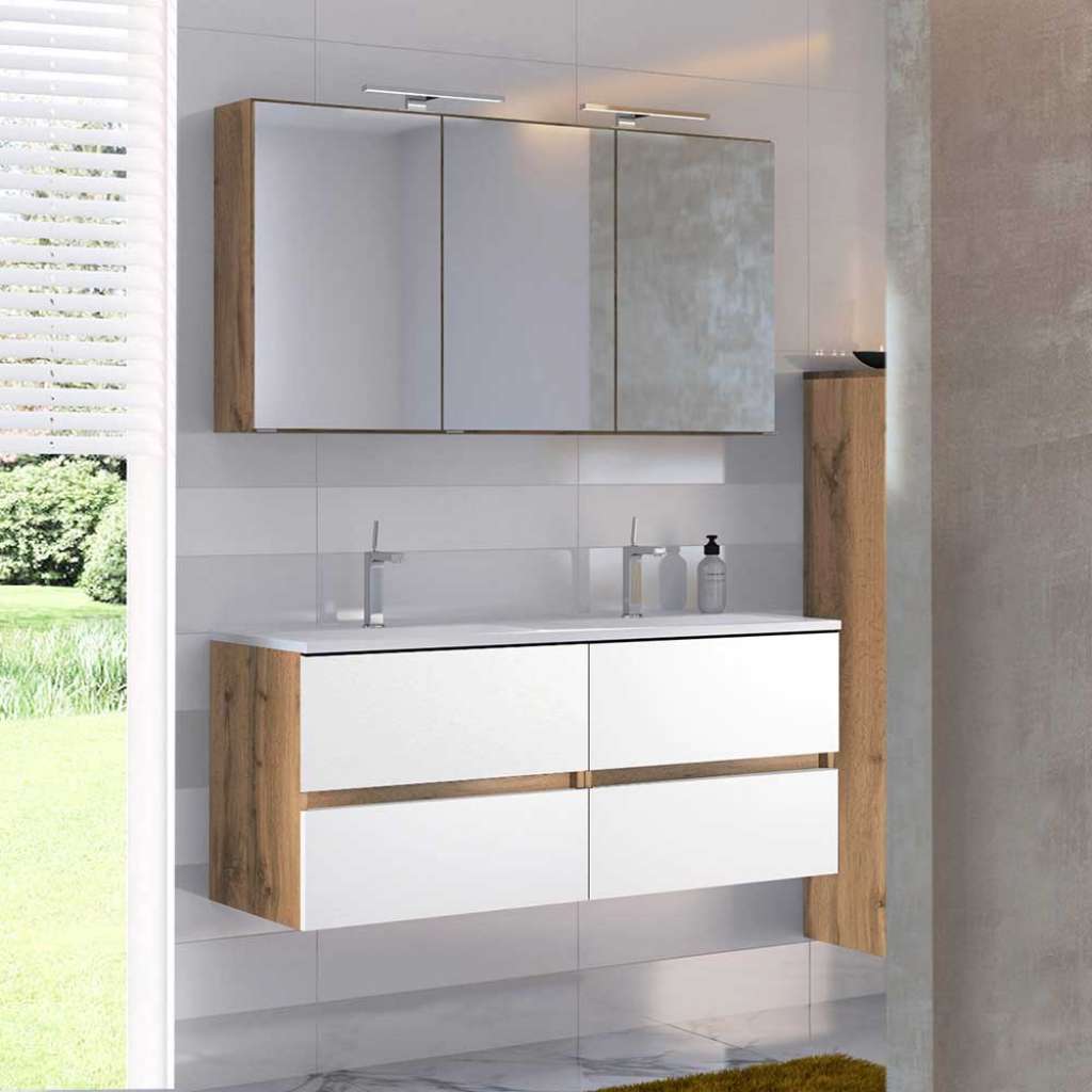 Badezimmermöbelset in Weiß und Wildeiche Optik LED Beleuchtung (2-teilig)