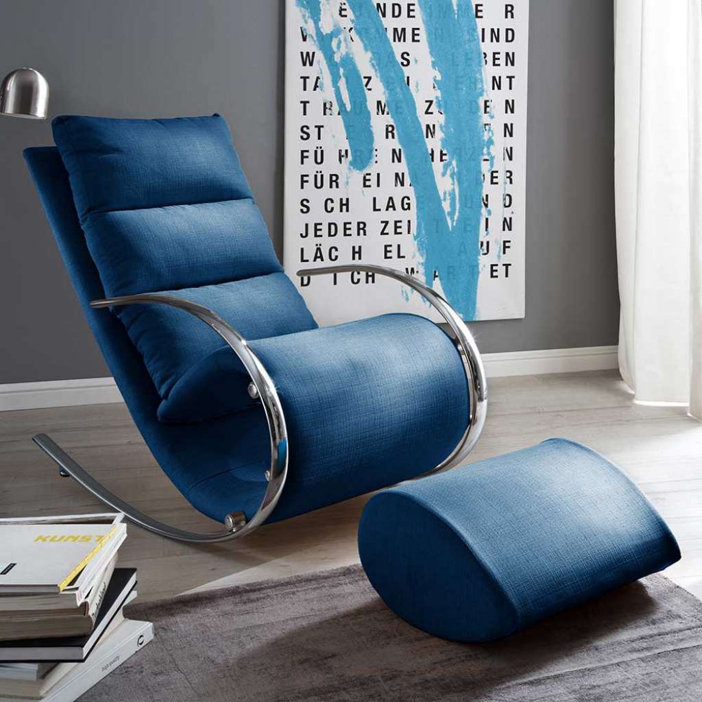 Moderner Schaukelsessel in Blau Webstoff Hocker (2-teilig)
