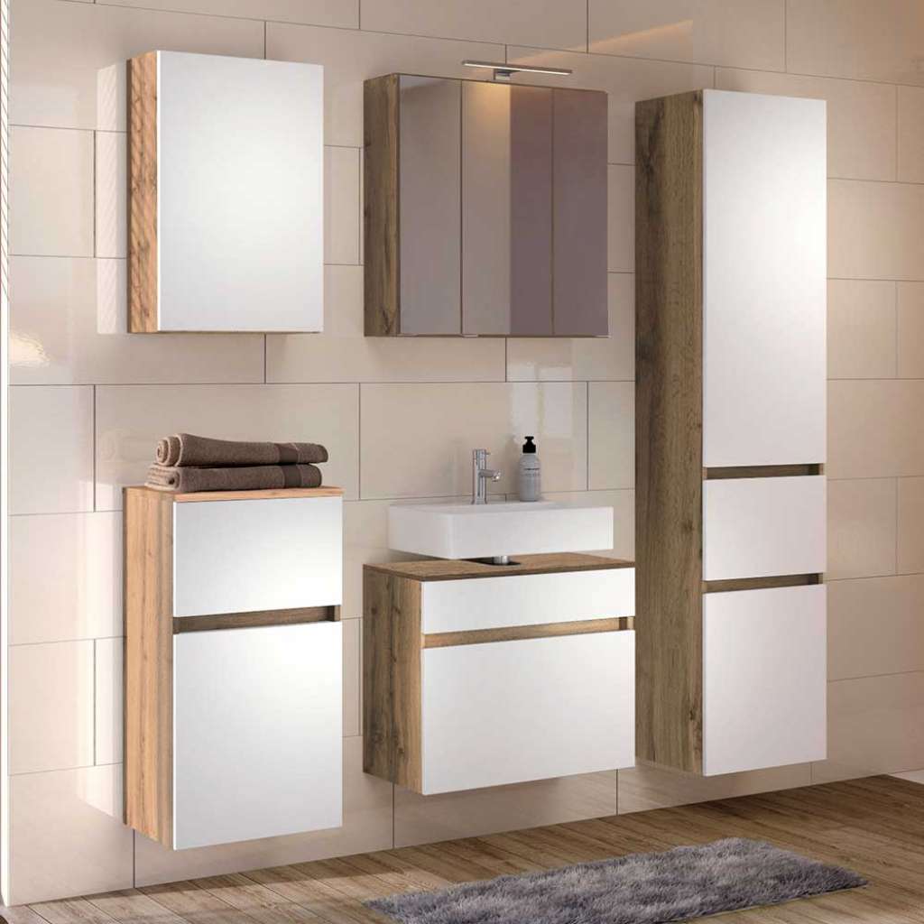 Badezimmermöbelset in Weiß und Wildeiche Optik LED Beleuchtung (5-teilig)
