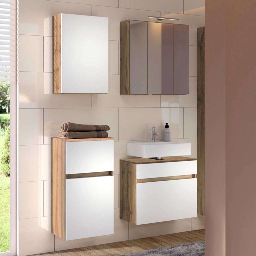 Badmöbel Set in Weiß und Wildeiche Optik Stand- und Wandmontage (4-teilig)