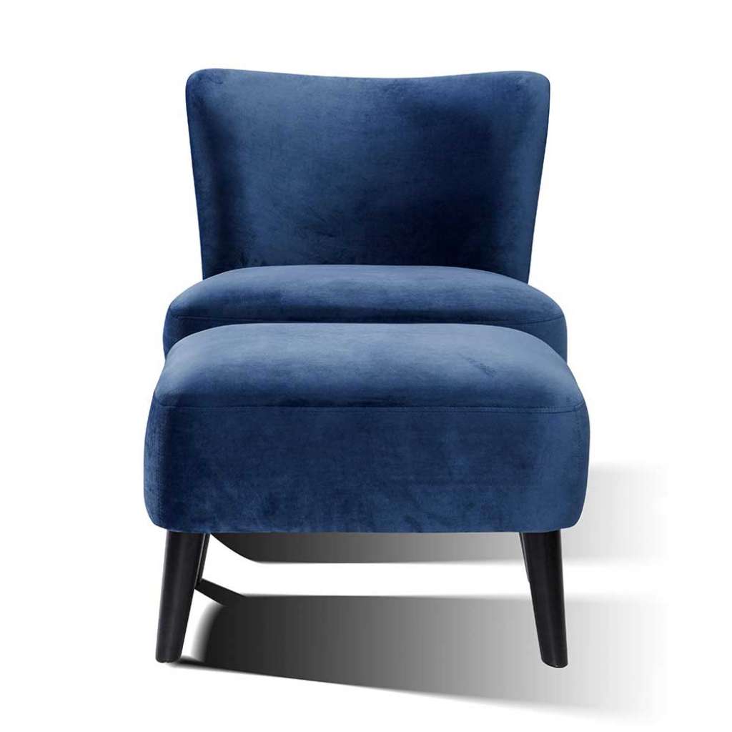 Retro Wohnzimmersessel in Blau Samt Fußhocker (2-teilig)