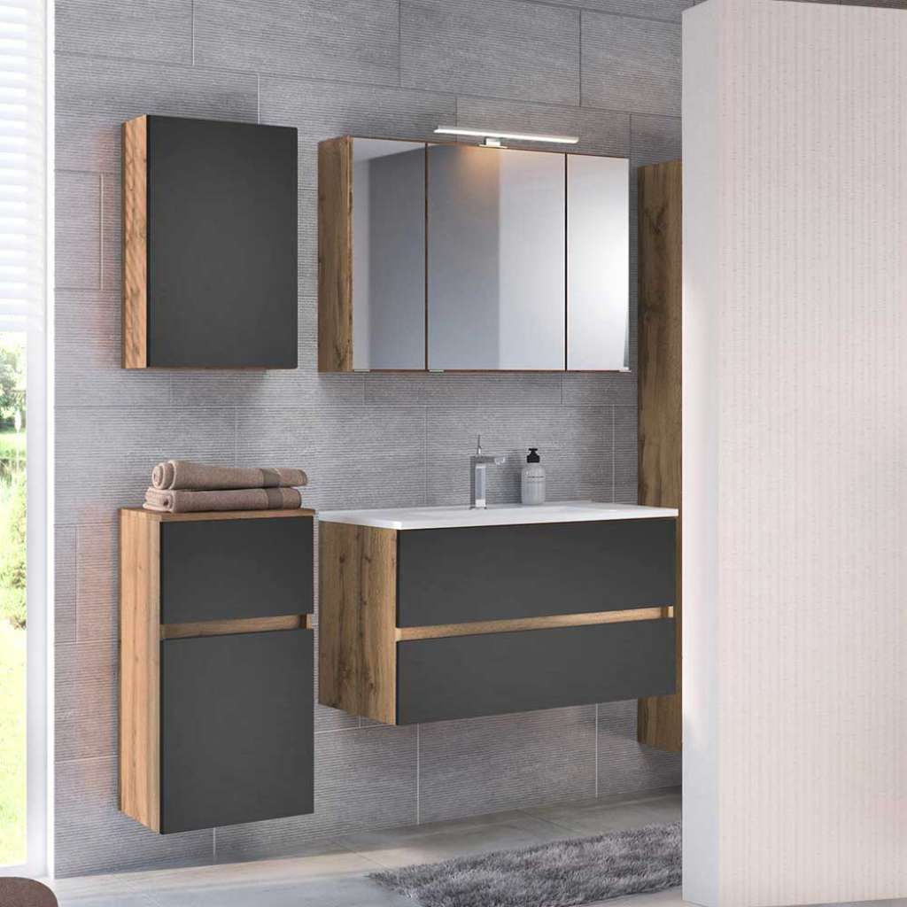 Badezimmer Möbel Set in Dunkelgrau und Wildeiche Optik Made in Germany (4-teilig)