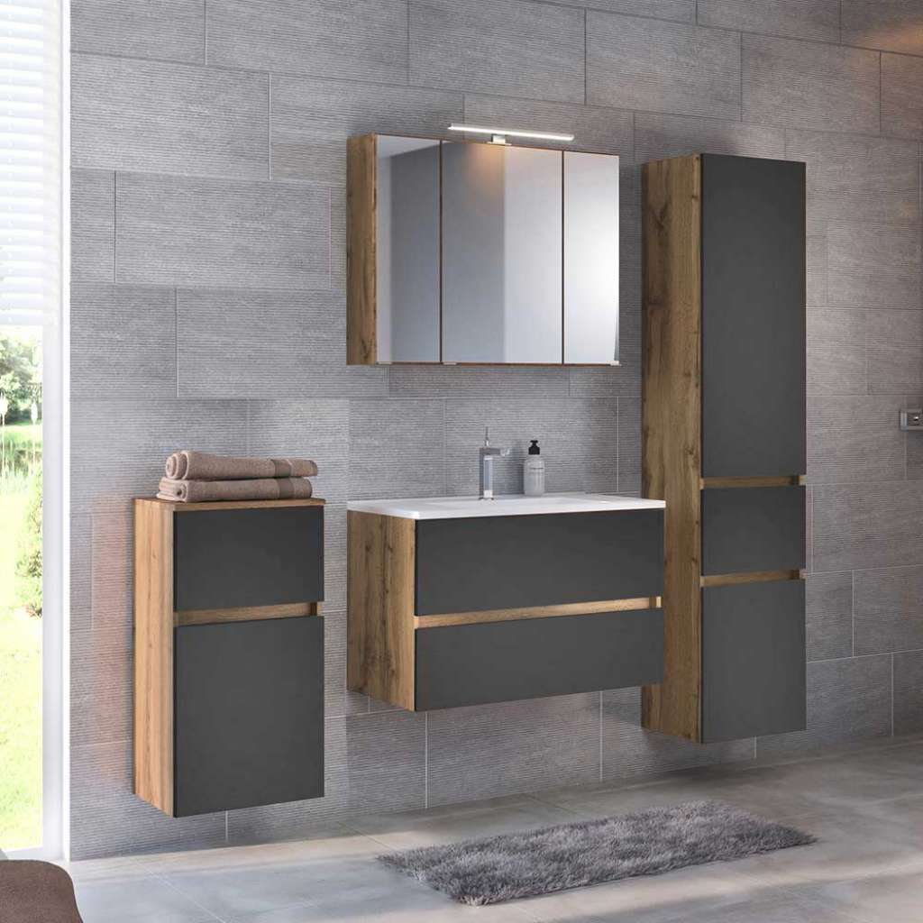 Badezimmerset in Dunkelgrau und Wildeiche Optik Stand- und Wandmontage (4-teilig)