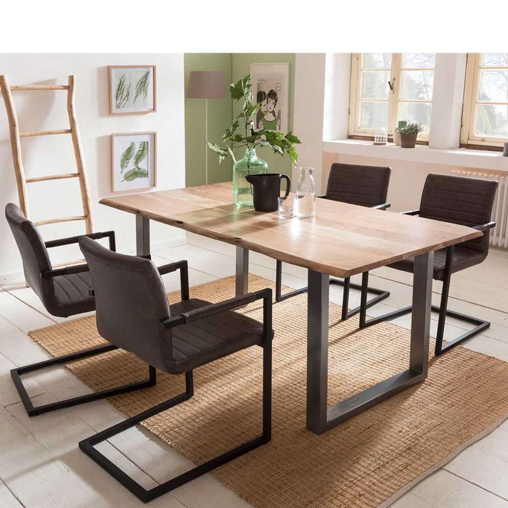 Loft Design Essgruppe mit Baumkantentisch dunkelbraunen Freischwingern (5-teilig)
