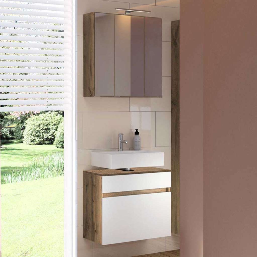 Badezimmerset in Weiß und Wildeiche Optik Stand- und Wandmontage (2-teilig)