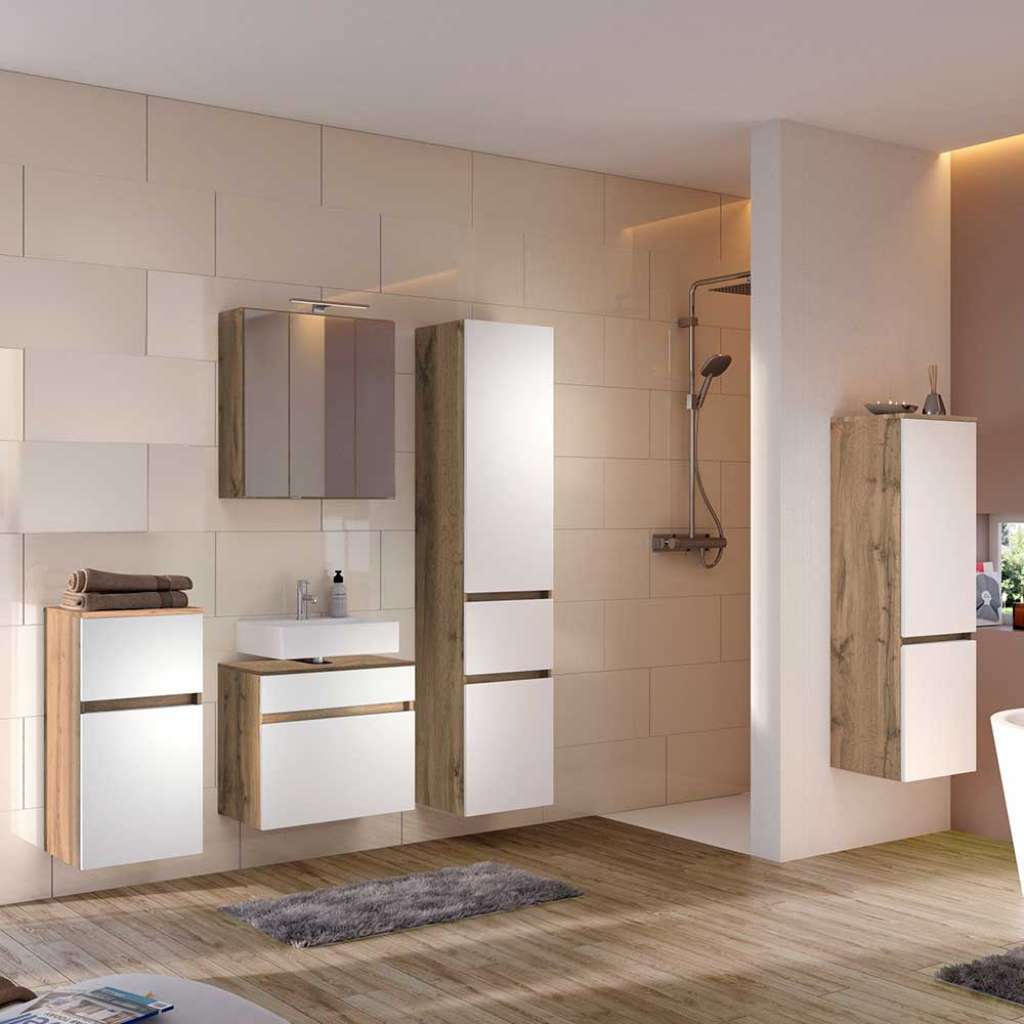 Badezimmer Kombination in Weiß und Wildeiche Optik Made in Germany (5-teilig)