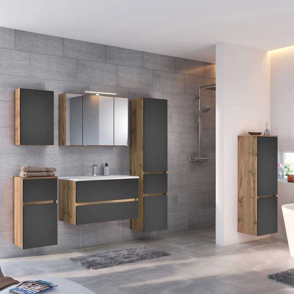 Badezimmer Set in Dunkelgrau und Wildeiche Optik Made in Germany (6-teilig)