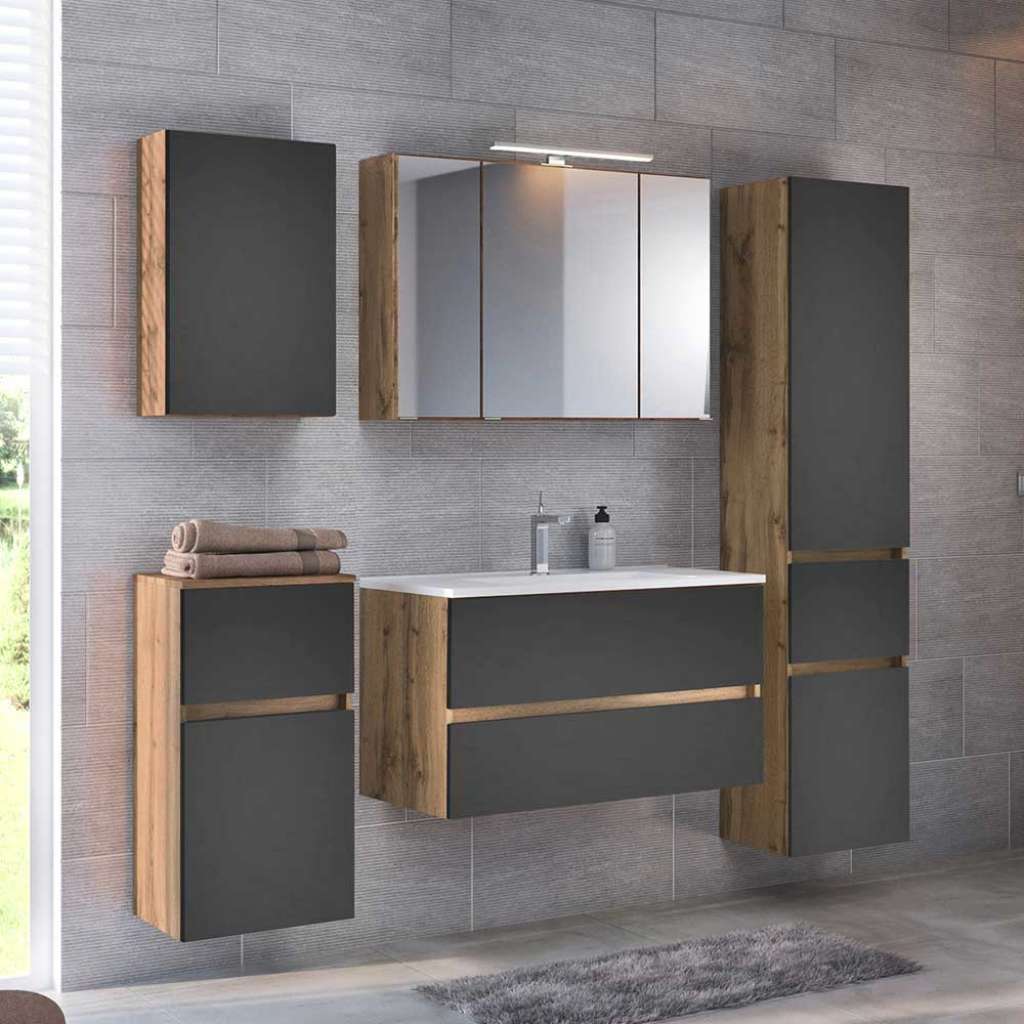 Badezimmer Komplettset in Dunkelgrau und Wildeiche Optik LED Beleuchtung (5-teilig)