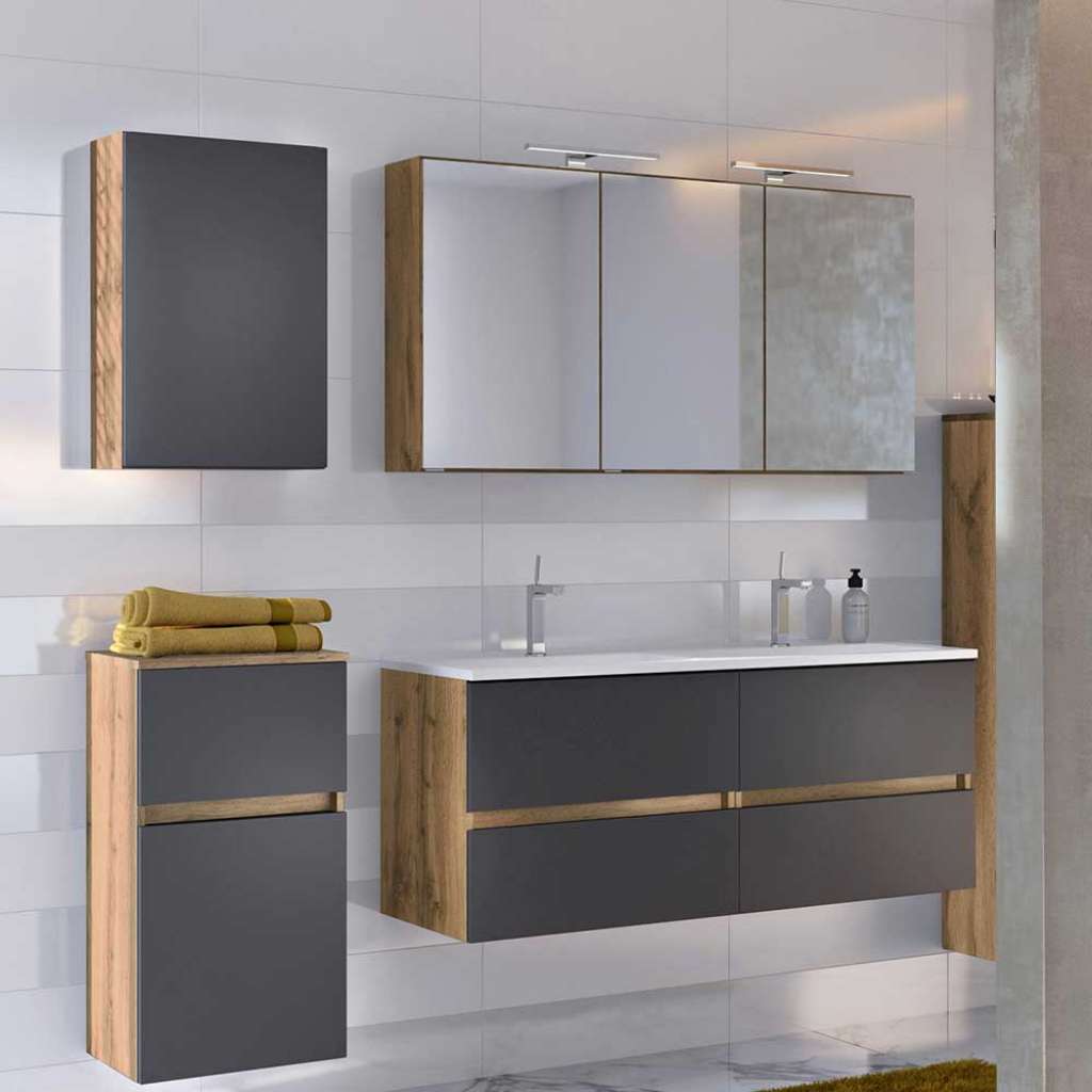 Badezimmermöbel Set in Dunkelgrau und Wildeiche Optik 160 cm breit (4-teilig)