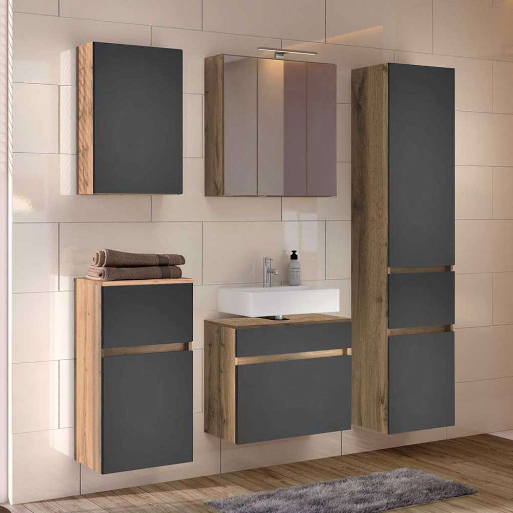 Badezimmerset in Dunkelgrau und Wildeiche Optik Stand- und Wandmontage (5-teilig)