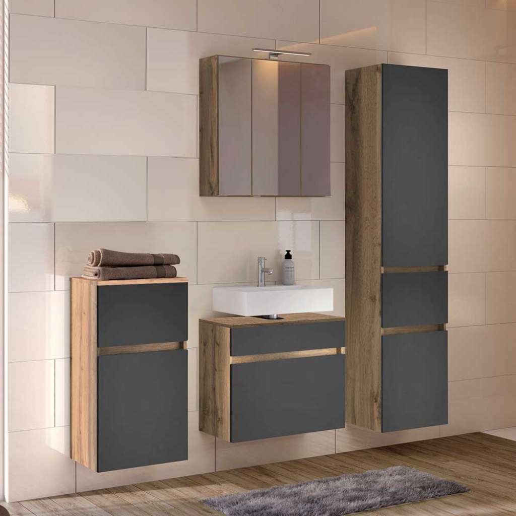 Komplettes Badezimmer Set in Dunkelgrau und Wildeiche Optik 140 cm breit (4-teilig)