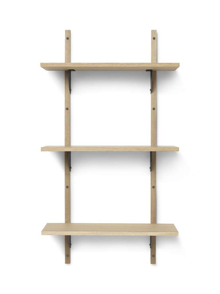 ferm LIVING - Sector Regal - 3 Regalböden schmal - schwarzes Messing - Eiche - indoor