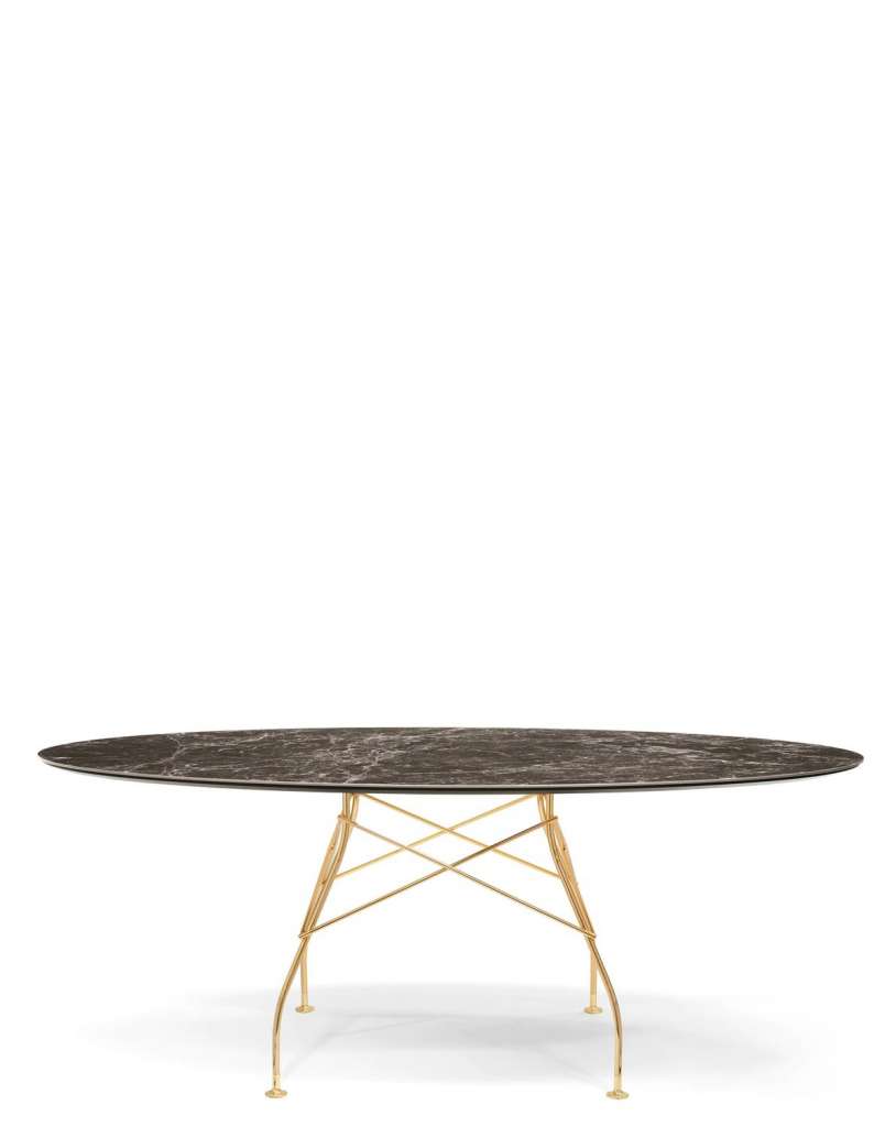 Kartell - Glossy Tisch - MM Brown Emperador - oval - Gestell gold - indoor