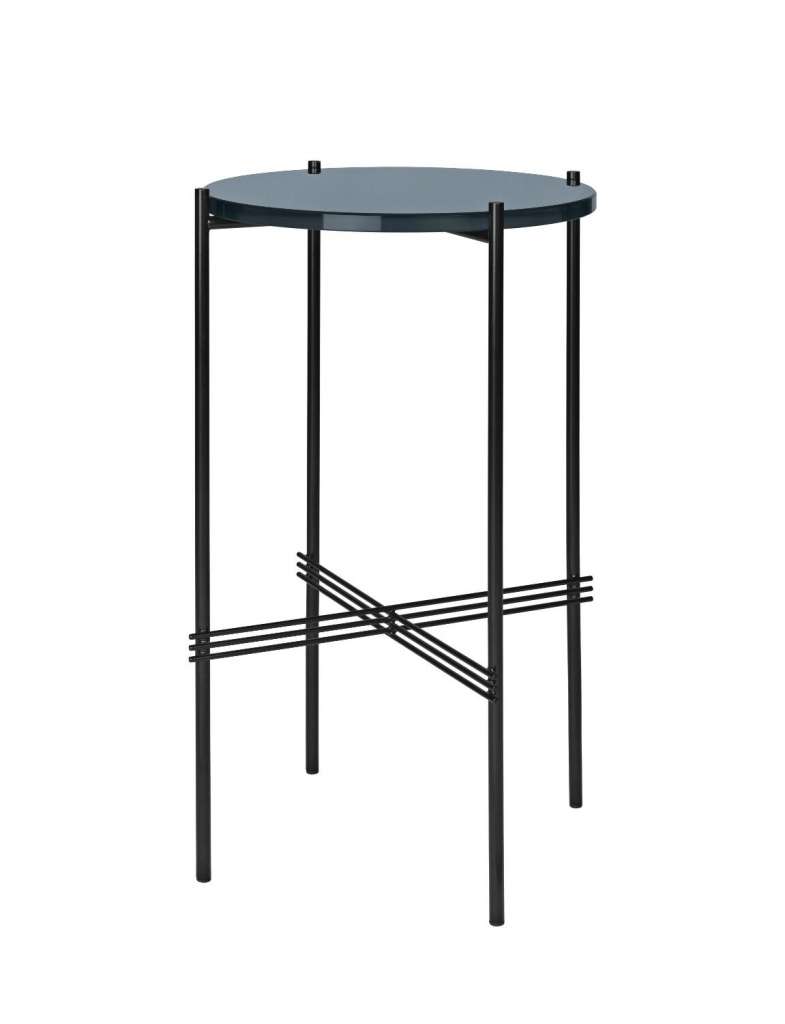 Gubi - TS Konsole - rund - grey blue - Glas - Gestell schwarz - indoor