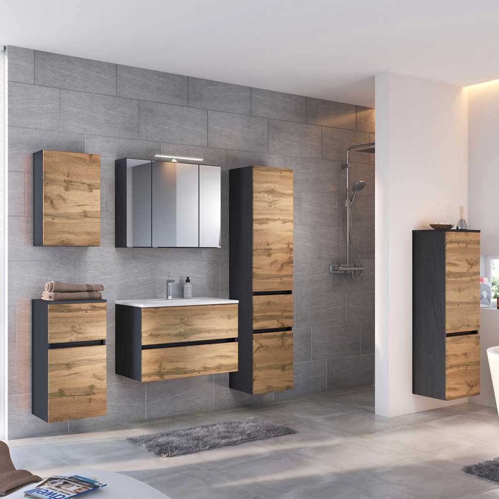 Design Badezimmer Set in Wildeichefarben Anthrazit (6-teilig)