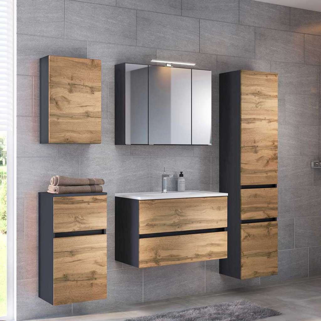 Badezimmer Komplettset in Wildeichefarben Anthrazit (5-teilig)