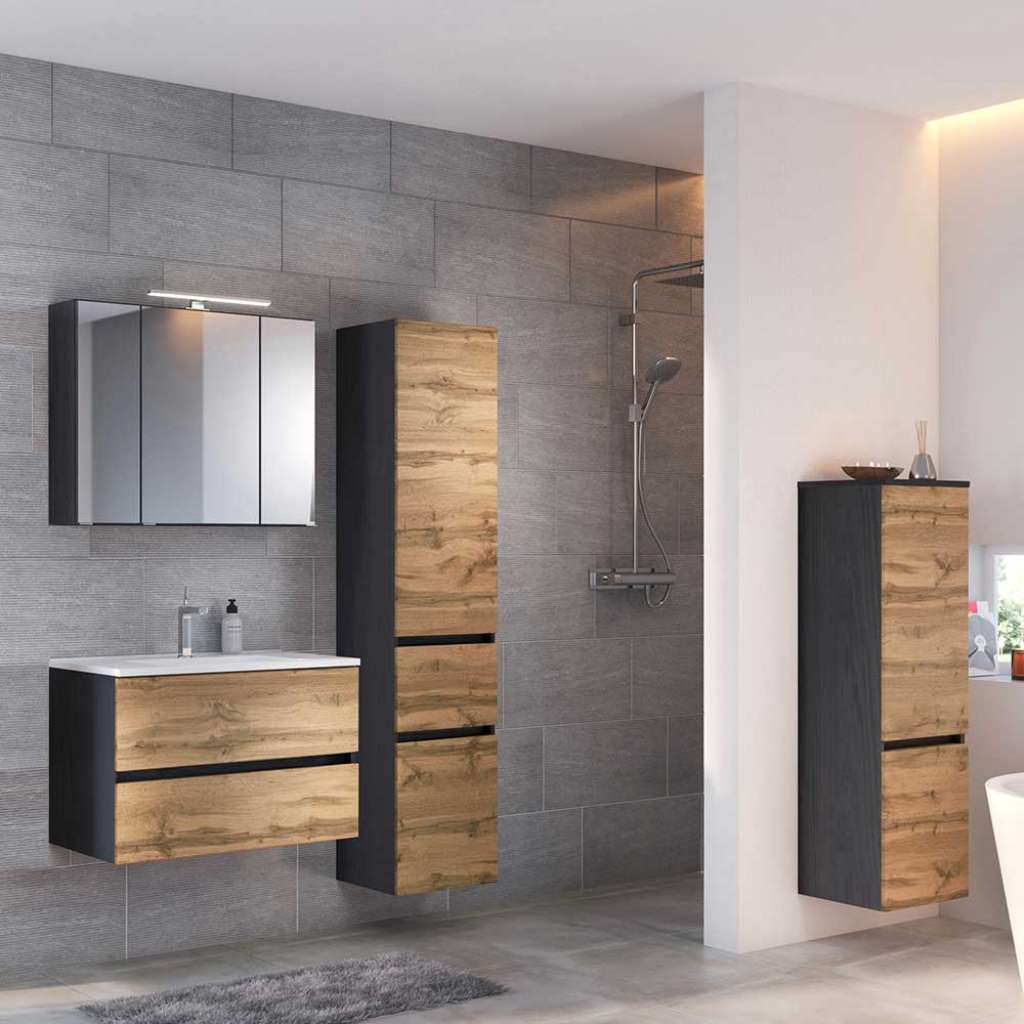 Badezimmermöbel Set in Wildeichefarben und Anthrazit LED Beleuchtung (4-teilig)