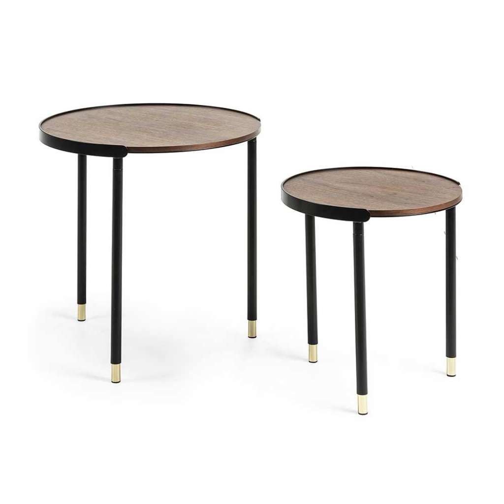 Retro Beistelltisch Set in Schwarz und Walnussfarben furniert rund (2-teilig)